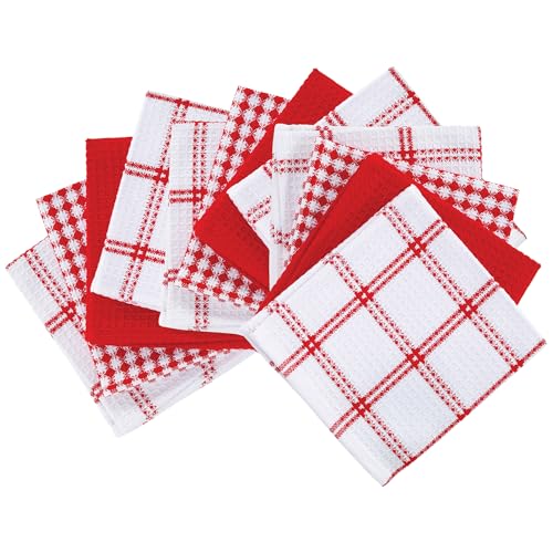 T-Fal 100% Cotton Waffle Dish Cloths - Highly Absorbent Kitchen Towels, Red