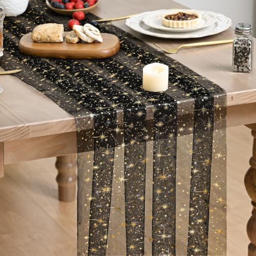 Artoid Mode Gold Stars Black Gauze Table Runner, 28 x 120 Inch