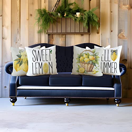 Set of 4 Grey Stripe Lemon Quote Throw Pillow Covers 18x18