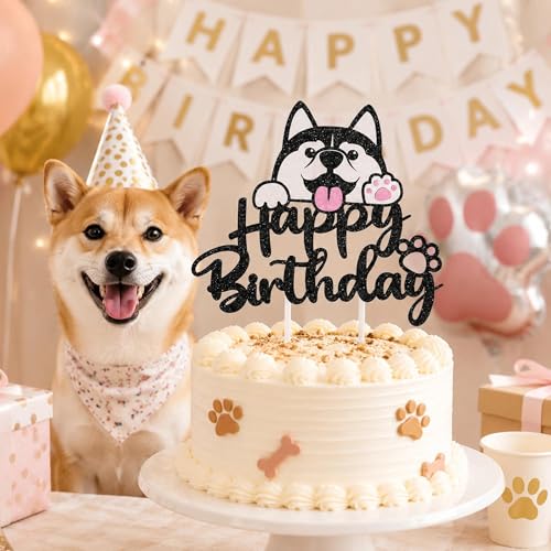 Husky Cake Topper - Black Glitter Birthday Decorations for Kids
