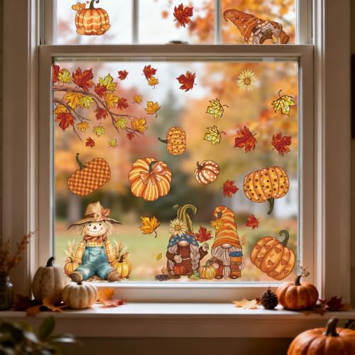 9 Sheets Fall Window Clings - Reusable Gnome & Pumpkin Autumn Decals