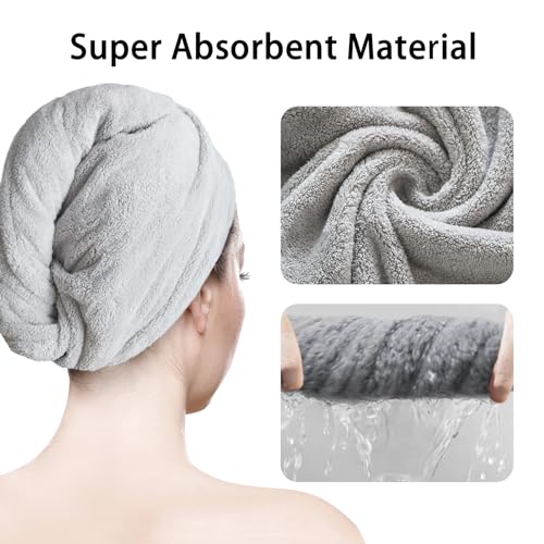 AGLIFEFY Microfiber Hair Towel Wrap - 2 Pack Light Grey Quick Dry Turban