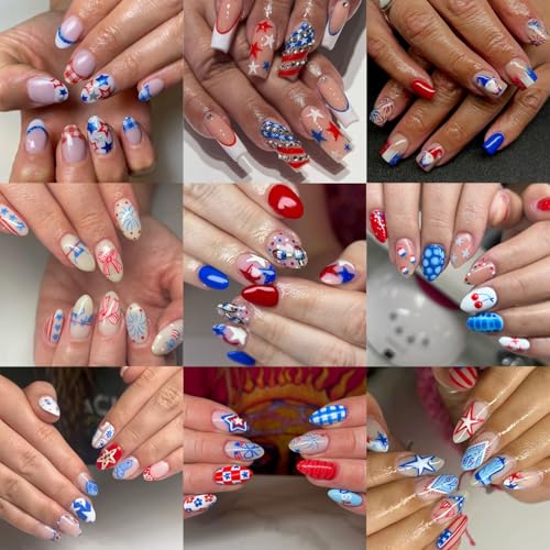 4th of July Nail Stickers - 6 Sheets Patriotic Red White and Blue Self-Adhesive Nail Decals