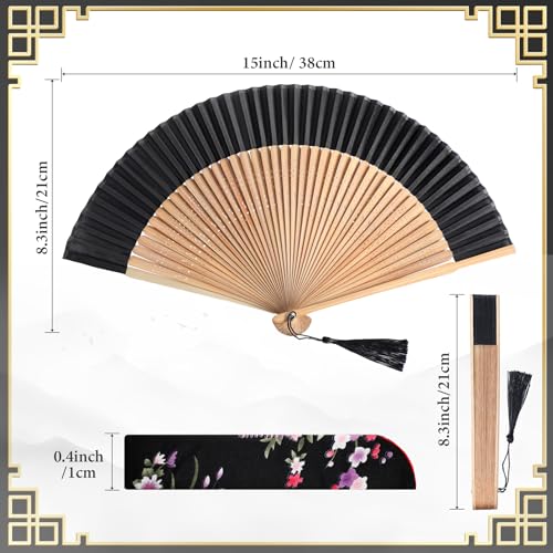Boao 2 Pcs Vintage Bamboo Silk Folding Hand Fans with Sleeves