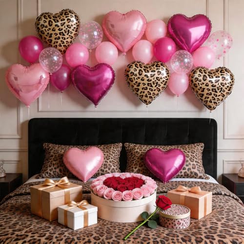 12PCS Hot Pink Leopard Print Heart Balloons - Foil Decorations
