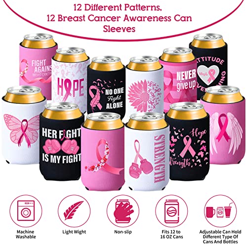 12 Pack Breast Cancer Awareness Can Cooler Sleeves - Pink Ribbon Insulated Drink Holders