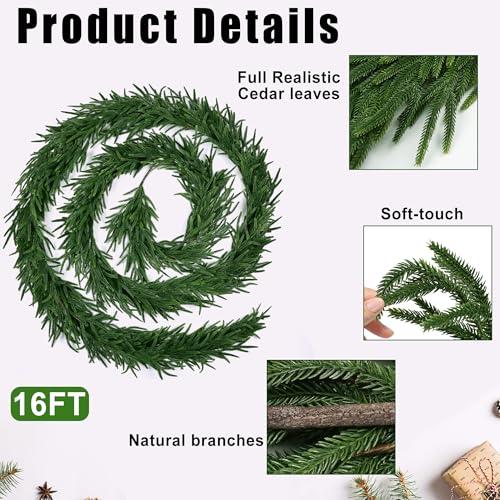 16 FT Realistic Christmas Garland Pine Garland Artificial Greenery for Indoor Outdoor Decor