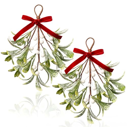 Christmas Mistletoe Decorations with Velvet Bow & White Berries - 2PCS Classic Variation
