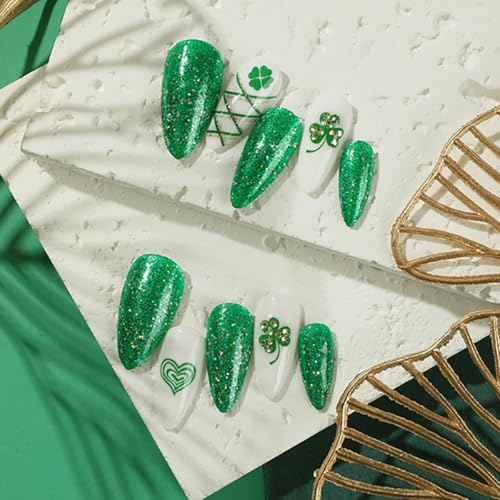 St. Patrick's Day Press On Nails Medium Almond Green Clover Rhinestone 24Pcs