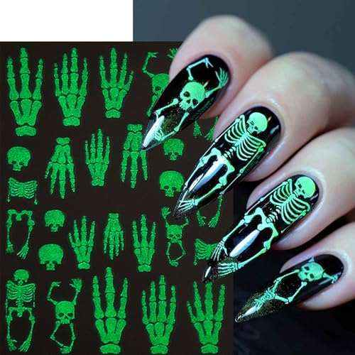 IDDFEVE Halloween Glow-in-the-Dark Nail Stickers, 3D Skeleton & Spider Web Decals - 4 Sheets