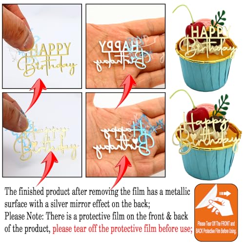 Gold Mirror Acrylic Happy Birthday Cupcake Toppers - 12 Pack, 2.63 x 1.57 in