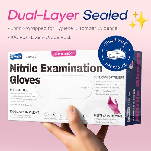 Supmedic Nitrile Exam Gloves, 4 Mil Powder-Free, Small Rose Orchid, 100Ct