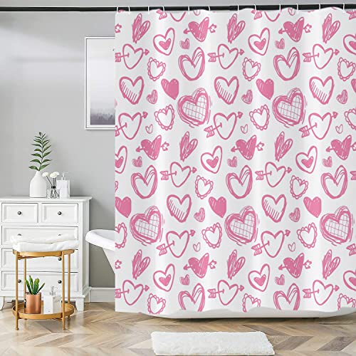 Pink Love Heart Shower Curtain - Waterproof Fabric, 72" x 72" with Hooks