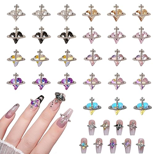 Planet Nail Art Charms - 27 Pcs 3D Heart Saturn Rhinestones