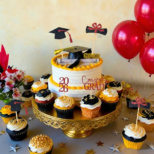 36 Pcs 2026 Graduation Cupcake Toppers Glitter Red And Black Party Picks