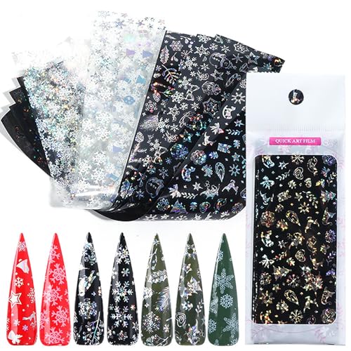 Christmas Aurora Nail Foil Transfer Stickers - 10 Sheets Holographic Winter Snowflakes & Trees DIY Manicure Decals