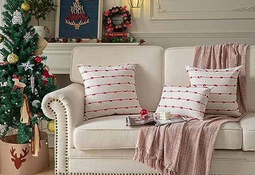 Boho Christmas Throw Pillow Covers 18x18 Inches Set of 2 Beige & Red Farmhouse Decor