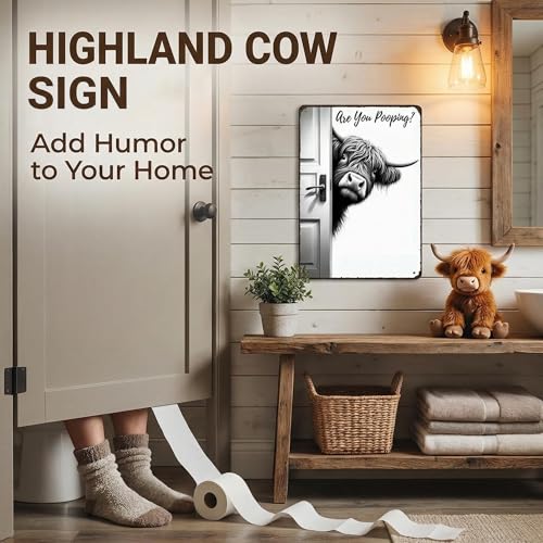 Funny Highland Cow Tin Sign - Are You Pooping? 8x12 Inch Bathroom Decor