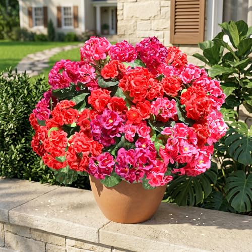 Artificial Geraniums - 6 Bundles UV Resistant Faux Flowers for Outdoor Decor