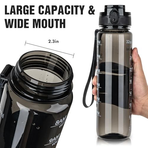 32oz Motivational Sports Water Bottle - Clear Black, BPA Free