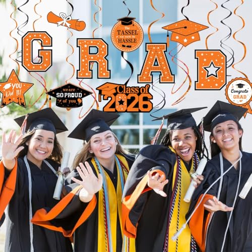 30 Orange & Black Graduation Swirls Decorations - Class of 2026