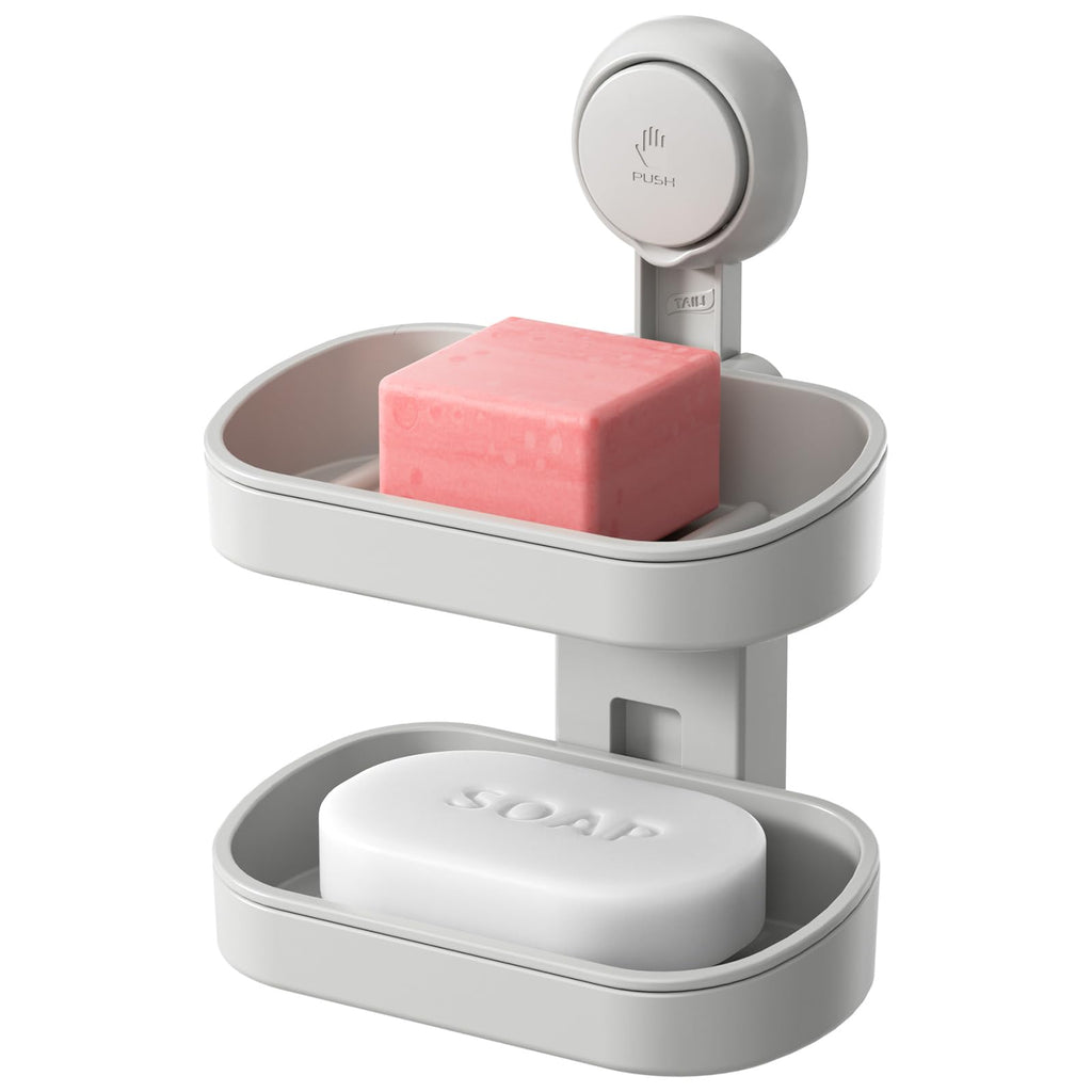 TAILI Soap Holder Soap Dish for Shower, Suction Cup Soap Holder for Shower Wall, Bathroom Accessories, Removable Strong Hold Soap Saver, Drill Free Double Soap Dish, Grey 2 Layer