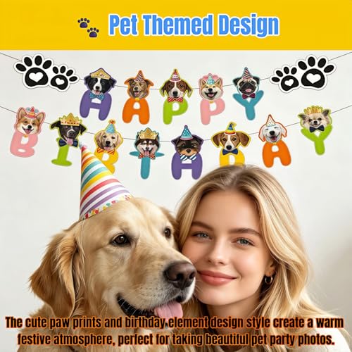 Dog Birthday Banner with 13 Adorable Faces & Paw Prints
