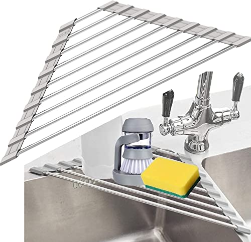 Triangle Dish Drying Rack - Roll Up Folding Stainless Steel Mat for Sink Corner - Gray