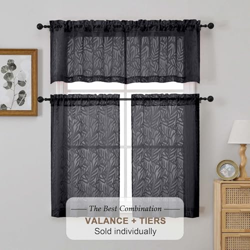 OVZME Black Leaf Jacquard Window Valances 14" Length, 2 Panels