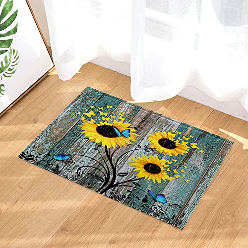 Teal Blue Sunflower Bath Rug 17x29 Inch - Waterproof Non-Slip Butterfly Design