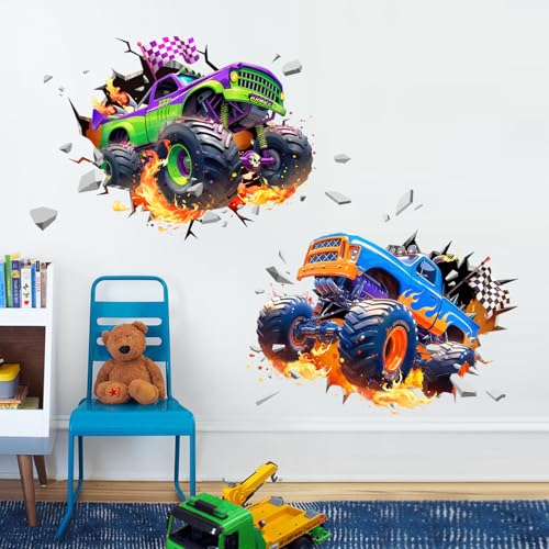 Racing Car Wall Decal - 3D Truck Breakthrough Art for Kids
