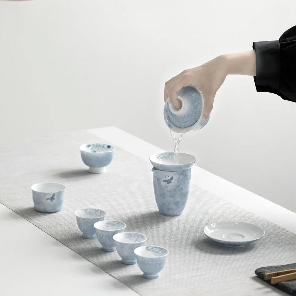 Hand-painted Kungfu Tea Set, Butterfly and Floral themed Chinese Tea Set, Gaiwan Gongfu Tea sets for adult, Ceramic Tea Ceremony Set, Gift for Tea Lovers