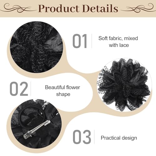 Black Rose Flower Hair Clip and Brooch with Feathers and Mesh