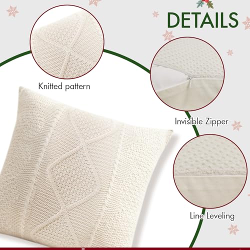 RICHIE 18x18 Inch Knitted Throw Pillow Covers - Set of 2, Cozy Christmas Decor for Sofa & Bedroom, White Diamond Grid