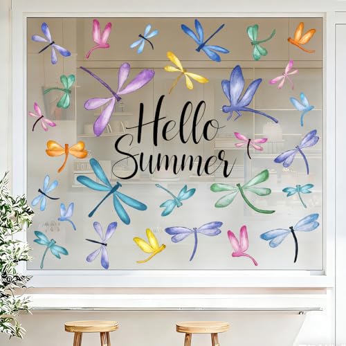 JOICEE 6 Pack Watercolor Dragonfly Window Clings - Removable Summer Decor