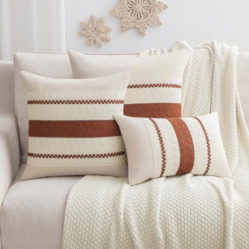 Boho Decorative Throw Pillow Covers Set of 2 - 20x12 Cotton Linen