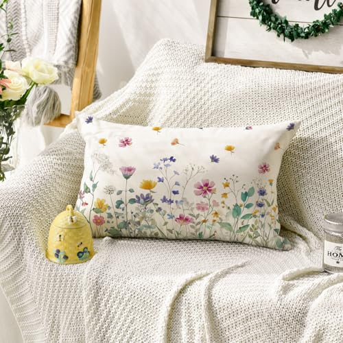 Colorful Floral Throw Pillow Cover, 12x20 Inch Polyester Cushion