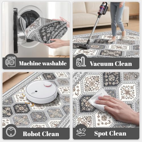 Ema Gray/Gold 2x3 Washable Non-Slip Entryway Rug - Boho Moroccan Style