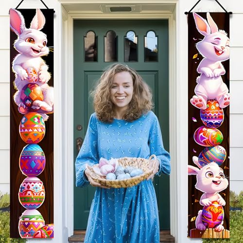 BlissYard 2-Piece Easter Porch Banner Set - Bunny & Eggs Door Decor