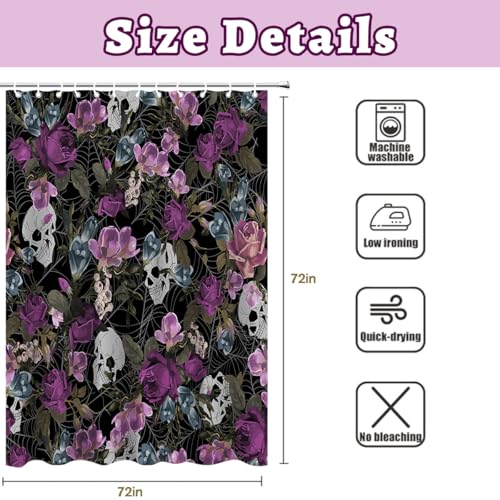 Floral Vintage Halloween Shower Curtain Set - Skull & Rose, 72x72 Inch, Waterproof, Floral5