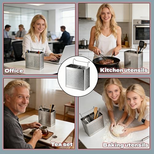 Stainless Steel Utensil Holder with Hooks - 2 Compartment Cutlery Organizer
