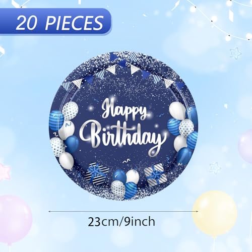 20pcs Blue and Silver Happy Birthday Paper Plates, 9 Inch Disposable Plates