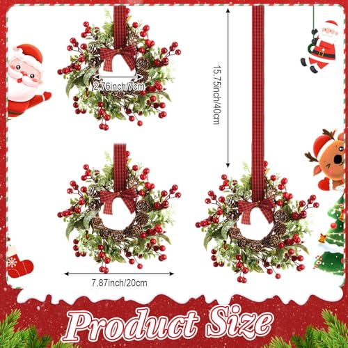 Christmas Wreaths Set - 18 Mini Faux Green Wreaths with Plaid Bows & Bells, Indoor Decor