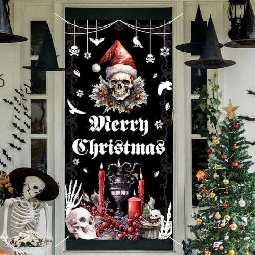 Gothic Christmas Door Cover Banner - Merry Christmas Skull Holiday Decor