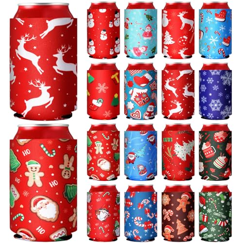 Christmas Beer Can Sleeves 16 Pcs Neoprene Can Coolers for 12 oz Drinks