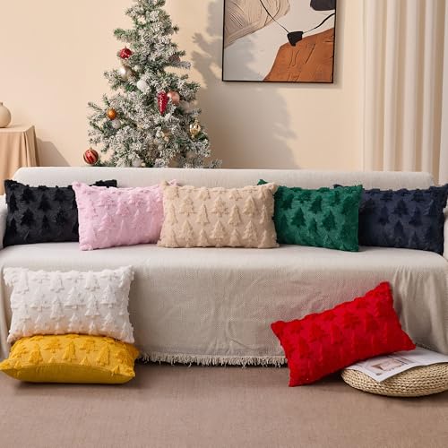 Christmas Tree Pillow Cover 12x20 Inch Beige Plush Faux Fur