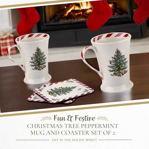 Spode Christmas Tree Mug & Coaster Set with Peppermint Design - 4 Pieces