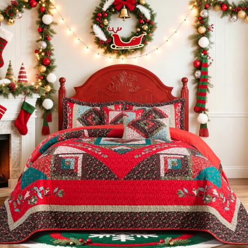 Christmas Queen Quilt Set - 100% Cotton Fill Bedding with Festive Floral Design, 90 x 98 Inches