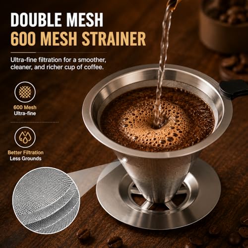 Sancagy Reusable Stainless Steel Pour Over Coffee Dripper with 600 Mesh Filter