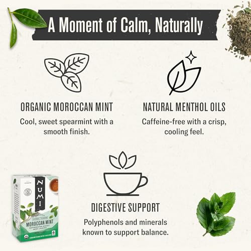 Numi Organic Moroccan Mint Herbal Tea, 18 Caffeine-Free Tea Bags